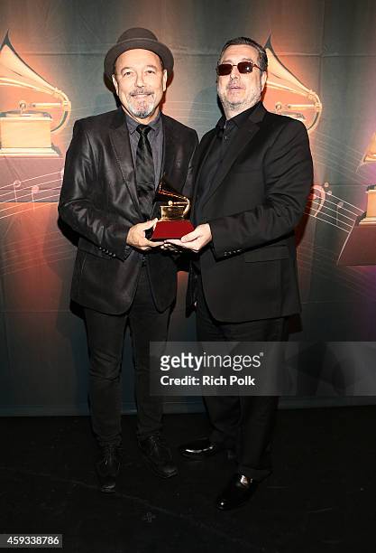Singer Ruben Blades and composer Carlos Franzetti, winners of the Best Tango Album award for 'Tangos' attend the 15th annual Latin GRAMMY Awards...