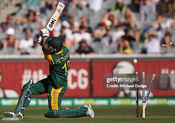 Robin Peterson of South Africa is bowled by James Fawkner of Australia during game four of the One Day International series between Australia and...