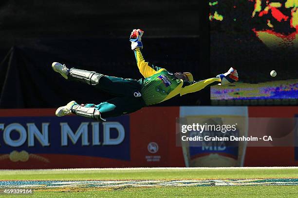 Wicketkeeper Matthew Wade attempts a catch during game four of the One Day International series between Australia and South Africa at Melbourne...