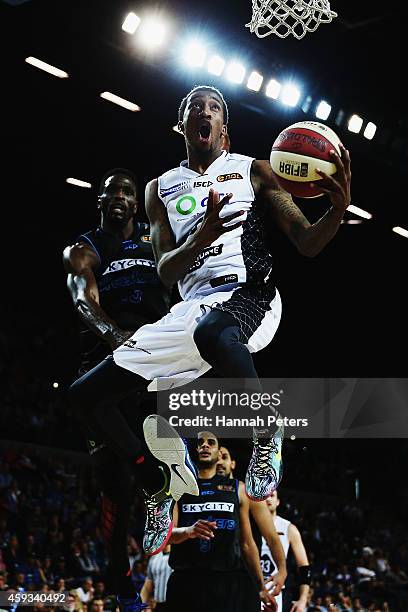 Jordan McRae of Melbourne lays the ball up during the round seven NBL match between the New Zealand Breakers and Melbourne United at Vector Arena on...