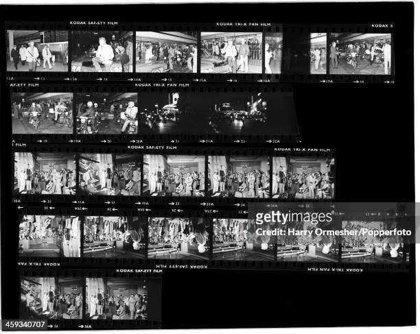 Contact sheet depicting American motorcycle stunt rider Evel Knievel arriving in London and giving a press conference prior to his attempt to jump 13...