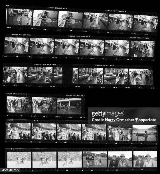Contact sheet depicting American motorcycle stunt rider Evel Knievel riding a bicycle in a London street and visiting Wembley Stadium in preparation...