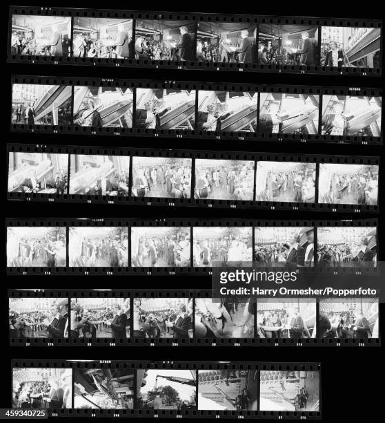 Contact sheet depicting American motorcycle stunt rider Evel Knievel giving a press conference for his upcoming attempt to jump thirteen buses at...