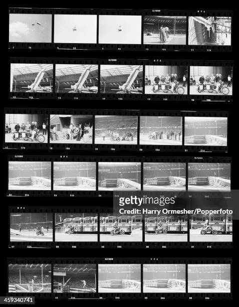Contact sheet depicting American motorcycle stunt rider Evel Knievel preparing for his attempt to jump 13 AEC Merlin buses at Wembley Stadium,...