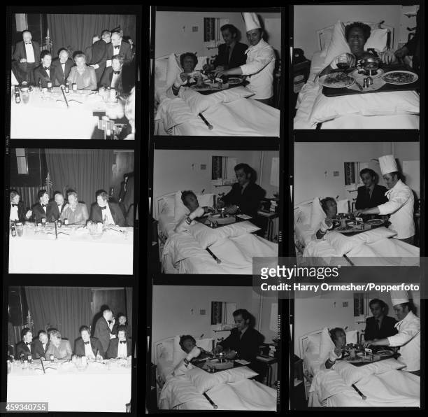 Contact sheet depicting American motorcycle stunt rider Evel Knievel at a dinner before his attempt to jump 13 buses at Wembley Stadium, and having a...