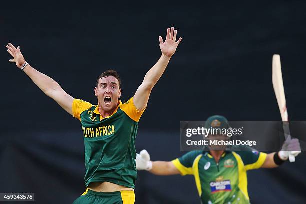 Kyle Abbott of South Africa appeals for LBW against Aaron Finch of Australia during game four of the One Day International series between Australia...