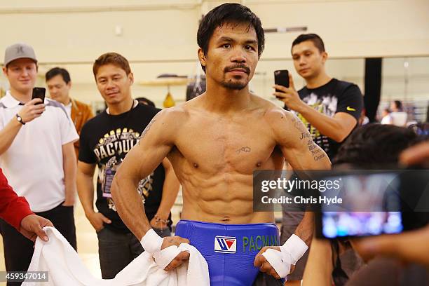 Manny Pacquiao poses during a workout session at The Venetianon November 21, 2014 in Macau, Macau.