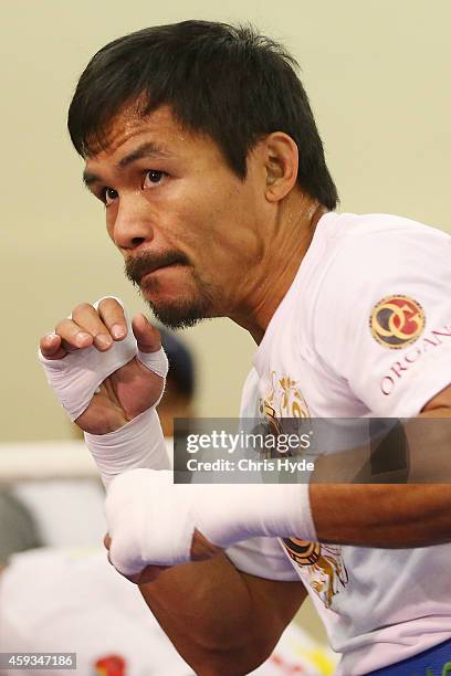 Manny Pacquiao trains during a workout session at The Venetianon November 21, 2014 in Macau, Macau.