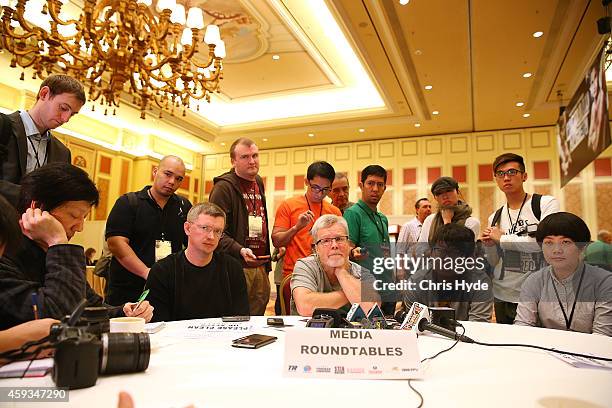 Manny Pacquiao's trainer Freddie Roach speaks to media at The Venetianon November 21, 2014 in Macau, Macau.