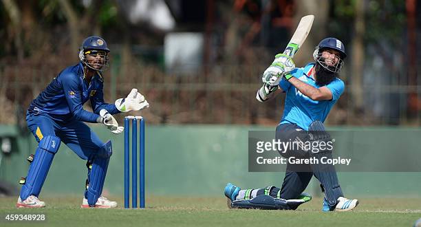 Moeen Ali of England bats during the tour match between between Sri Lanka A and England at Sinhalese Sports Club on November 21, 2014 in Colombo, Sri...