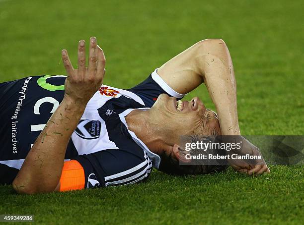 Mark Milligan of the Melbourne Victory appears injured during the round seven A-League match between the Melbourne Victory and Brisbane Roar at...