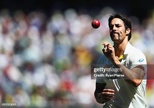 Mitchell Johnson of Australia prepares to bowl during day one of the Fourth Ashes Test Match between Australia and England at Melbourne Cricket...