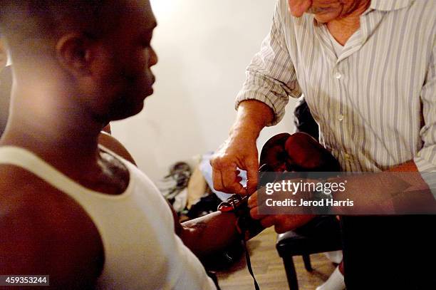 Boxer Mark 'Pistola' Wade prepares to fight in the Schlitz Bouts - A Night Of Heritage Boxing, Style & Entertainment at the Hollywood Athletic Club...