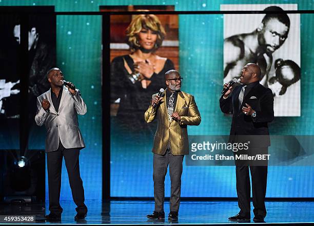 Singers Carvin Winans, BeBe Winans and Marvin Winans of 3 Winans Brothers perform during the 2014 Soul Train Music Awards at the Orleans Arena on...
