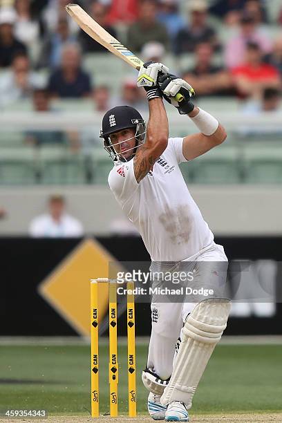 Kevin Pietersen of England hits the ball during day one of the Fourth Ashes Test Match between Australia and England at Melbourne Cricket Ground on...