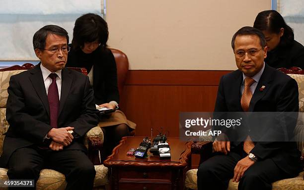 Deputy chief from the Japanese embassy Takashi Kurai and South Korean Vice Foreign Minister Kim Kyou-hyun hold a meeting after Kim summoned Takashi...