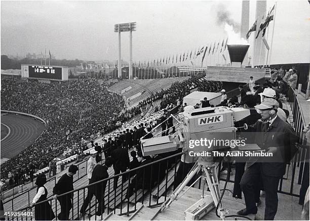 Separate luminance color camera is seen installed at the opening ceremony of the Summer Olympic Games In Tokyo 1964 at the National Stadium in Tokyo,...