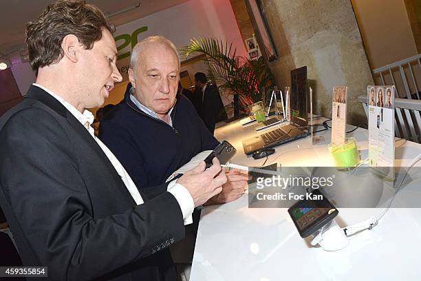 Acer Marketing director Fabrice Massin and Francois Berleand attend the Acer Pop Up Store Launch Party at Les Halles on November 20, 2014 in Paris,...