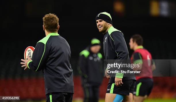 Wales centre partnership Jamie Roberts and Jonathan Davies share a joke during Wales captains run session ahead of tomorrows match against the New...