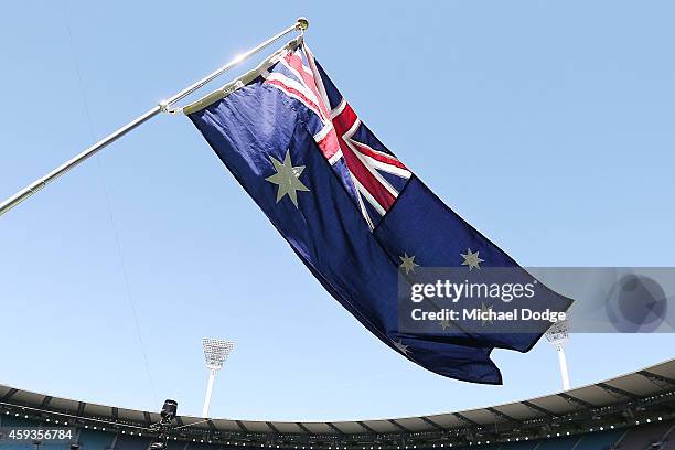 The Australian Flag is seen during game four of the One Day International series between Australia and South Africa at Melbourne Cricket Ground on...