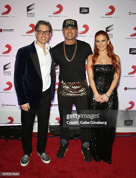 President of Sony Music U.S. Latin Nir Seroussi, rapper Wisin and his wife Yomarira Ortiz attend Sony Music's Latin Grammy after party at XS The...