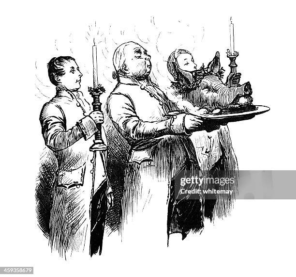 serving the boar's head - footman stock illustrations