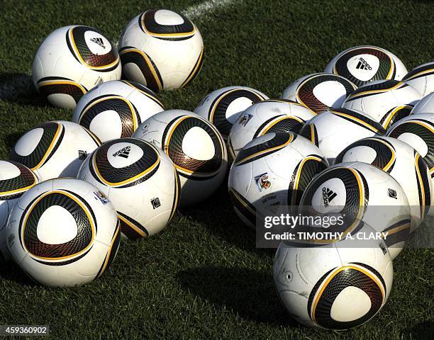 Adidas Jabulani balls, the official ball of the FIFA World Cup 2010 in South Africa, are gathered for practice of the US Soccer Team during a...