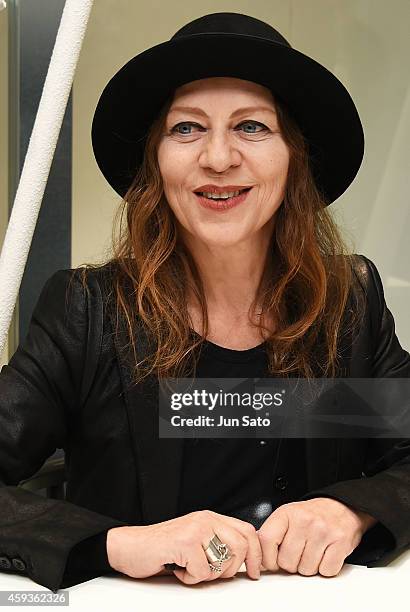 Fashion designer Ann Demeulemeester attends "Ann Demeulemeester Photobook" autographing event at Dover Street Market Ginza on November 21, 2014 in...