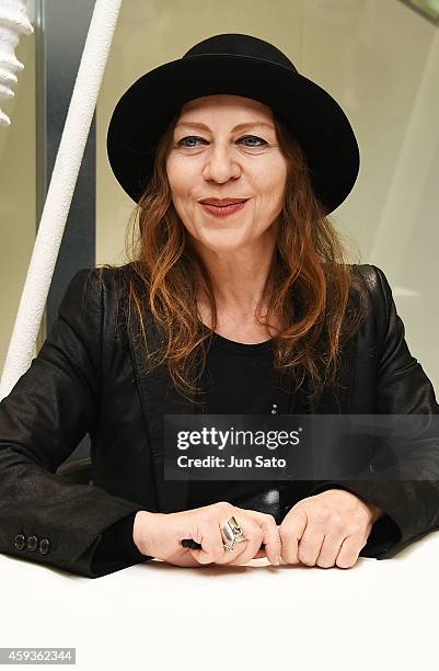 Fashion designer Ann Demeulemeester attends "Ann Demeulemeester Photobook" autographing event at Dover Street Market Ginza on November 21, 2014 in...