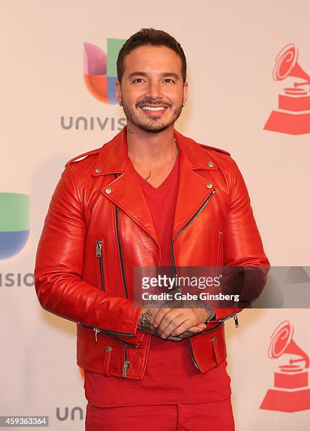 Singer J Balvin poses in the press room during the 15th annual Latin GRAMMY Awards at the MGM Grand Garden Arena on November 20, 2014 in Las Vegas,...