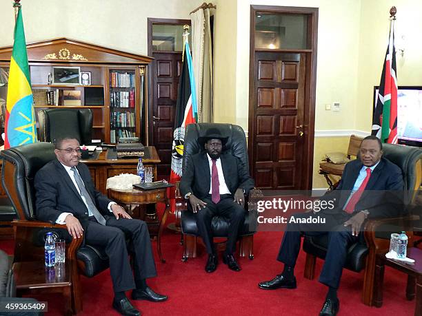 South Sudan President Salva Kiir Mayardit meets with Ethiopian Prime Minister Hailemariam Desalegn and Kenyan President Uhuru Kenyatta on December...