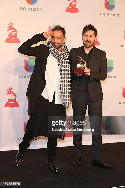 Recording artists Mario Domm and Pablo Hurtado of music group Camila, winner of the Best Contemporary Pop Vocal Album, poses in the press room during...