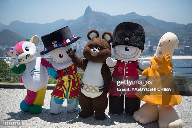 The five previous Olympic Games mascots, Fu Niu Lele from Beijing 2008, Misha from Moscow 1980, Wenlock , Mandeville from London 2012 and Athena from...