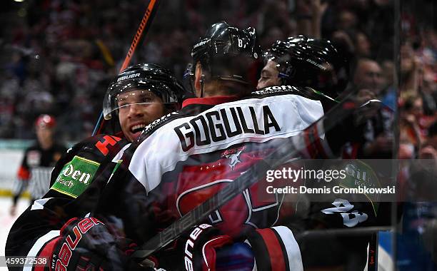 Philip Gogulla of Koelner Haie celebrates the first goal during the DEL Ice Hockey match between Koelner Haie and Hamburg Freezers at Lanxess Arena...