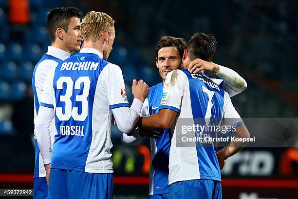 Danny Latza, Mikael Forssell, Timo Perthel and Marco Terrazzino of Bochum celebra after the Second Bundesliga match between VfL Bochum and VfR Aalen...