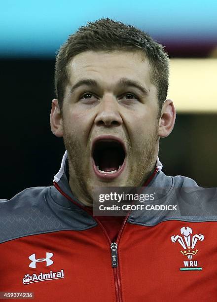 Wales's Dan Lydiate lines up with his team-mates for the national anthems before kick off of the Autumn International rugby union Test match between...