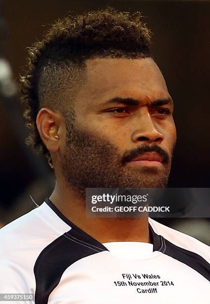 Fiji's fullback Metuisela Talebula lines up with his team-mates for the national anthems before kick off of the Autumn International rugby union Test...