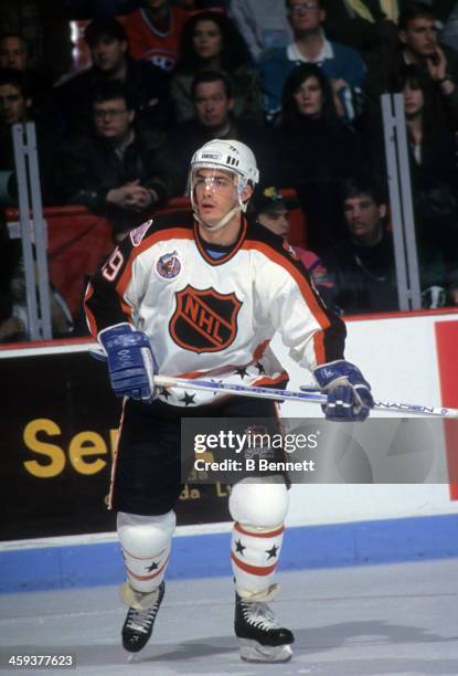 Joe Sakic of the Wales Conference and the Quebec Nordiques skates on ice during the 1993 44th NHL All-Star Game against the Campbell Conference on...