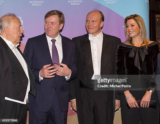 Neeme Jarvi, King Willem-Alexander of The Netherlands, Truls Mork and Queen Maxima of The Netherlands attend the Residentie Orchestra 110th...