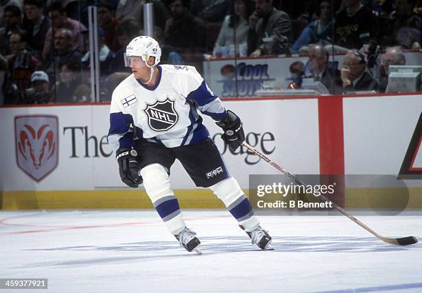 Teemu Selanne of the World and Mighty Ducks of Anaheim skates on ice during the 1998 48th NHL All-Star Game against North America on January 18, 1998...