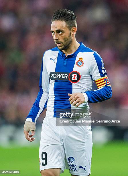 Sergio Garcia of RCD Espanyol reacts during the La Liga match between Athletic Club and RCD Espanyol at at San Mames Stadium on November 21, 2014 in...