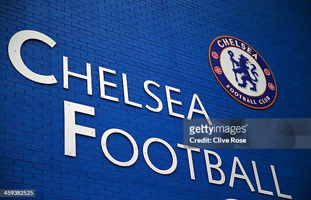 The Chelsea badge is seen on a blue wall ahead of the Barclays Premier League match between Chelsea and Swansea City at Stamford Bridge on December...