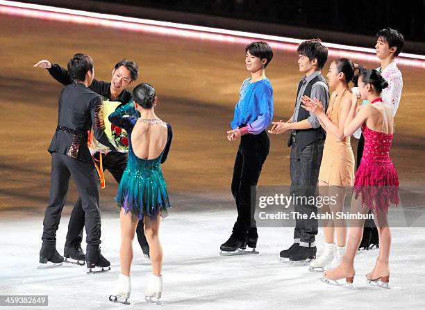 Nobunari Oda hugs Daisuke Takahashi during the gala exhibition as he announced the retirement during day four of the 82nd All Japan Figure Skating...