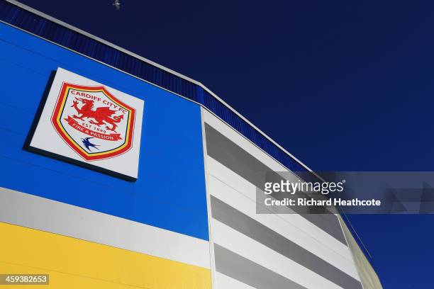 General view outside the ground showing the Cardiff City crest prior to the Barclays Premier League match between Cardiff City and Southampton at...