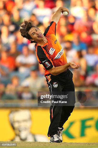 Brad Hogg of the Scorchers bowls during the Big Bash League match between the Perth Scorchers and the Melbourne Renegades at WACA on December 26,...