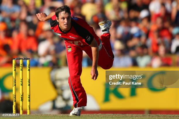 Will Sheridan of the Renegades bowls during the Big Bash League match between the Perth Scorchers and the Melbourne Renegades at WACA on December 26,...