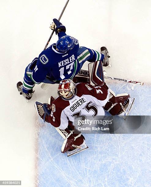 Ryan Kesler of the Vancouver Canucks bumps into goalie Jean-Sebastien Giguere of the Colorado Avalanche while provinding a screen during NHL action...