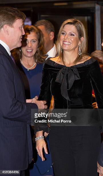 Queen Maxima of The Netherlands and King Willem-Alexander of The Netherlands leave the Residentie Orkest 110th Anniversary on November 21, 2014 in...