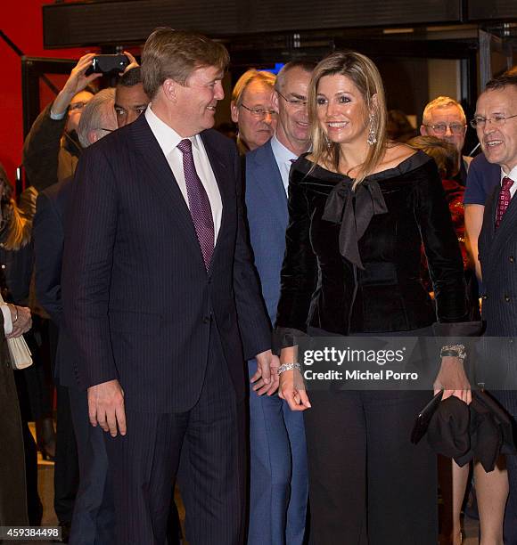 Queen Maxima of The Netherlands and King Willem-Alexander of The Netherlands leave the Residentie Orkest 110th Anniversary on November 21, 2014 in...