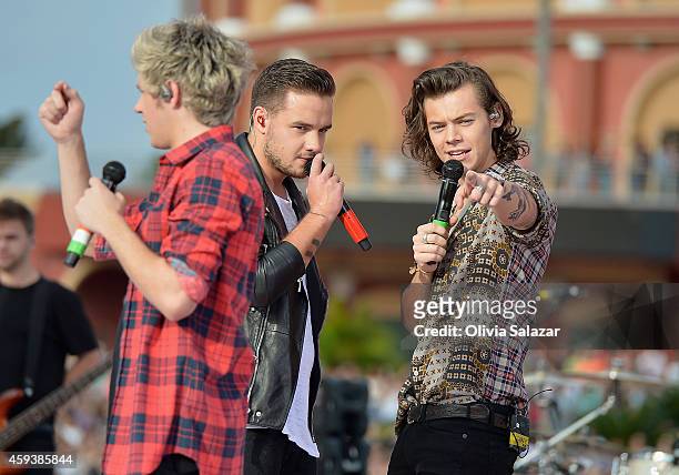 Niall Horan,Liam Payne and Harry Styles of the band One Direction appear on NBC's Today Show to release their new album "Four" at Universal City Walk...